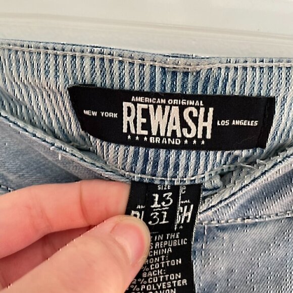 REWASH Light Wash Railroad Stripe Patchwork High Waisted Denim Jean Shorts 13 31 - Picture 5 of 12